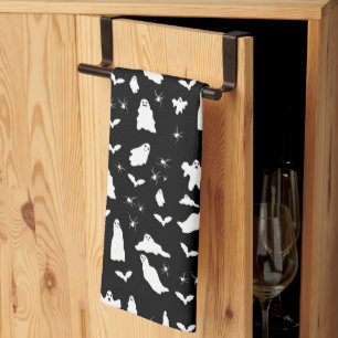 Cute Ghost, Bats & Spiders Halloween Pattern Tea Towel