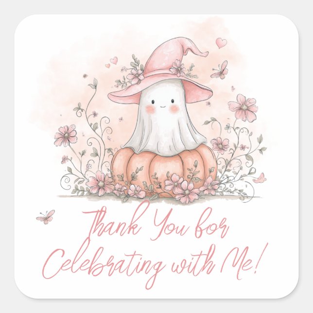 Cute Ghost Birthday Thank You Square Sticker (Front)