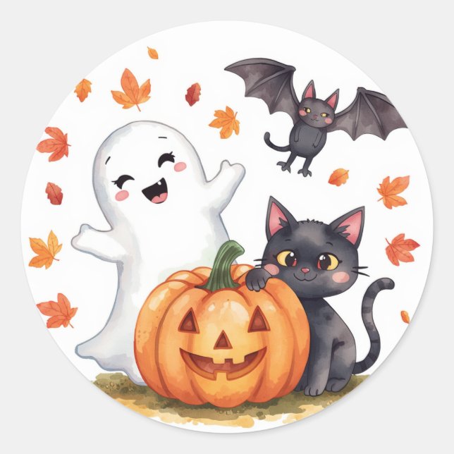 Cute Ghost, Black Cat, Bat Sticker Sheet (Front)