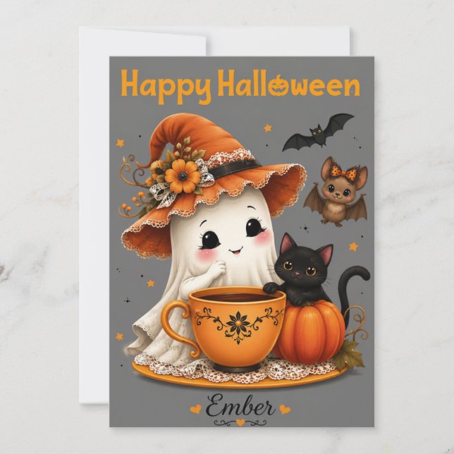 Cute Ghost & Black Cat Halloween Design  Invitation (Front)