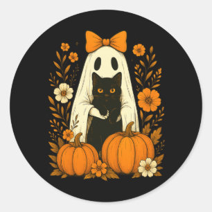 Cute Ghost Black Cat Halloween Pumpkin Groovy Classic Round Sticker
