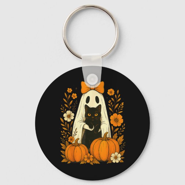 Cute Ghost Black Cat Halloween Pumpkin Groovy Key Ring (Front)