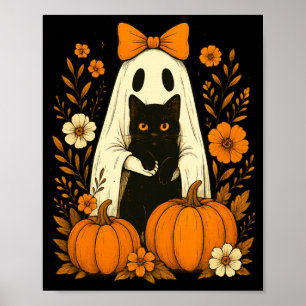 Cute Ghost Black Cat Halloween Pumpkin Groovy Poster