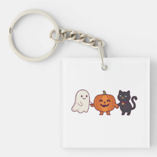 Cute Ghost Black Cat & Jack O Lantern Halloween Key Ring
