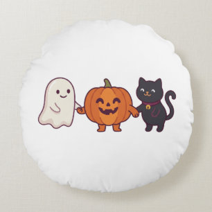 Cute Ghost Black Cat & Jack O Lantern Halloween Round Cushion
