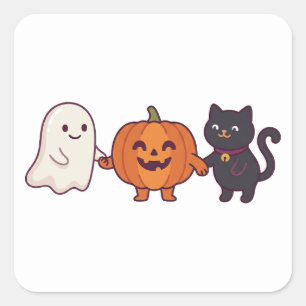 Cute Ghost Black Cat & Jack O Lantern Halloween Square Sticker