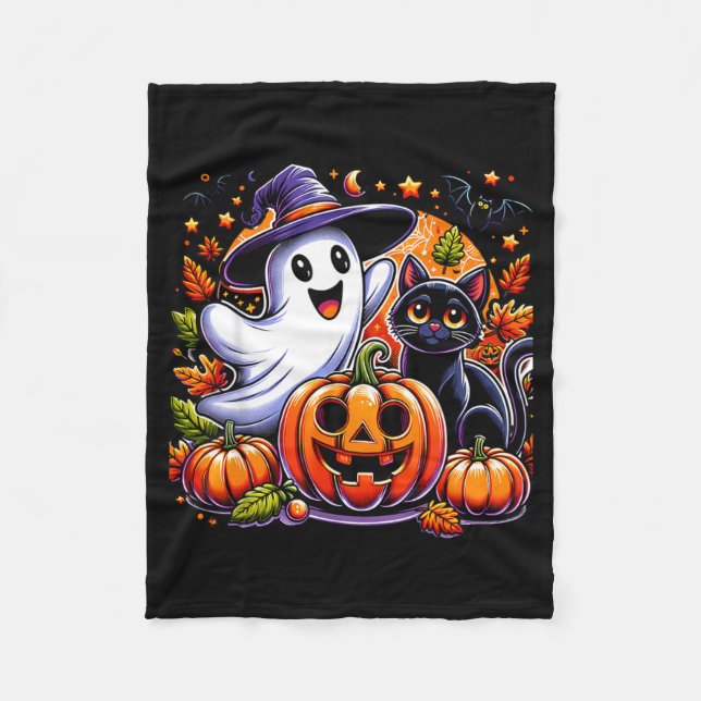 Cute Ghost Black Cat Jackolantern Halloween Spook Fleece Blanket (Front)