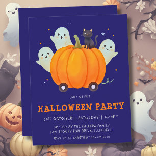 Cute Ghost & Black Cat Kids Halloween Party Invitation