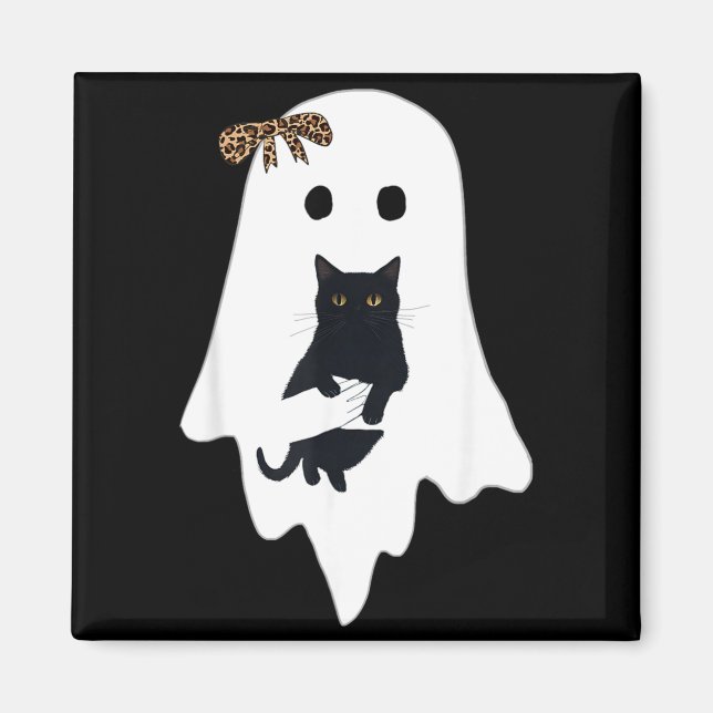 Cute Ghost Black Cat Leopard Bow Funny Spooky Magnet (Front)