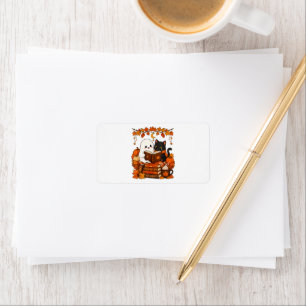 Cute Ghost Black Cat Reading Book Fall Autumn Label
