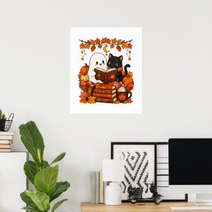 Cute Ghost Black Cat Reading Book Fall Autumn Poster