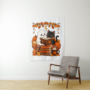 Cute Ghost Black Cat Reading Book Fall Autumn Tapestry