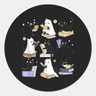 Cute Ghost Black Cat Reading Books Spooky Classic Round Sticker