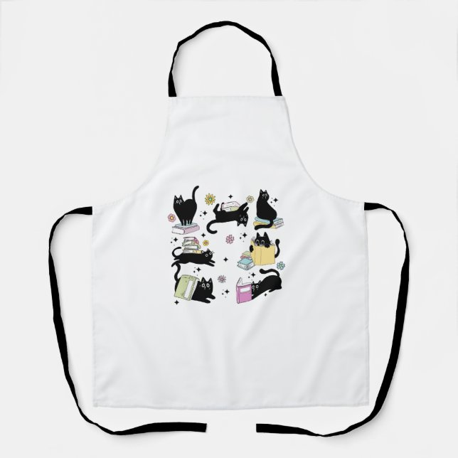 Cute Ghost Black Cat Reading Books Spooky Hallowee Apron (Front)