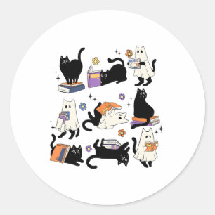 Cute Ghost Black Cat Reading Books Spooky Hallowee Classic Round Sticker