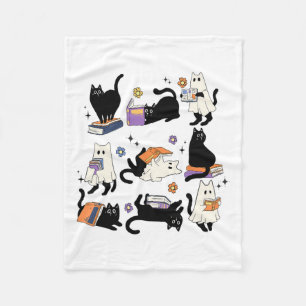 Cute Ghost Black Cat Reading Books Spooky Hallowee Fleece Blanket