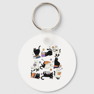 Cute Ghost Black Cat Reading Books Spooky Hallowee Key Ring