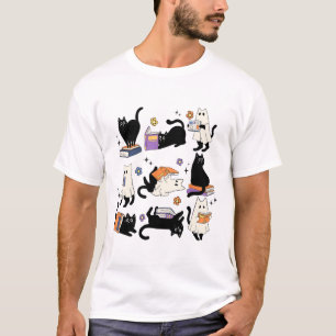 Cute Ghost Black Cat Reading Books Spooky Hallowee T-Shirt