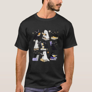 Cute Ghost Black Cat Reading Books Spooky Hallowee T-Shirt