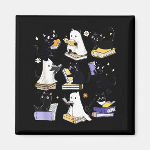 Cute Ghost Black Cat Reading Books Spooky Magnet