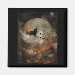 Cute Ghost Black Cat Riding Broomstick Halloween Magnet