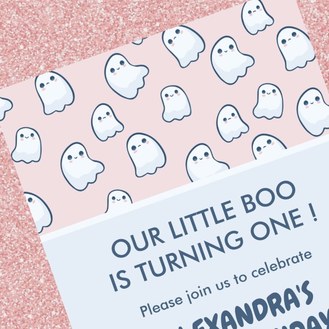 Cute Ghost Blue Turning one Halloween 1st birthday Invitation (Halloween 1st birthday invitations pink ghost 1)
