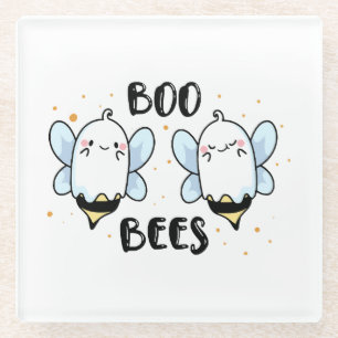 Cute Ghost Boo Bees - Funny Halloween on white Glass Coaster