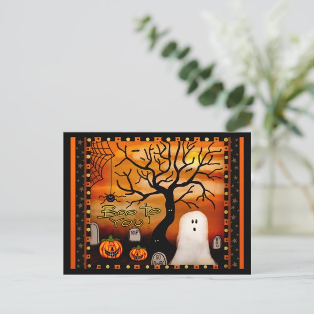 Cute Ghost Boo Spider Kids Halloween Postcard (Standing Front)