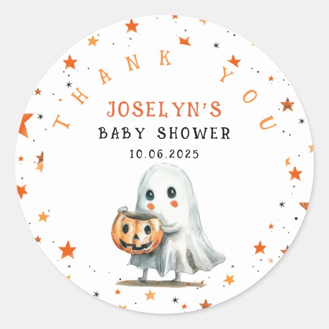 Cute Ghost BOO with Star Pattern Halloween Classic Round Sticker (Front)