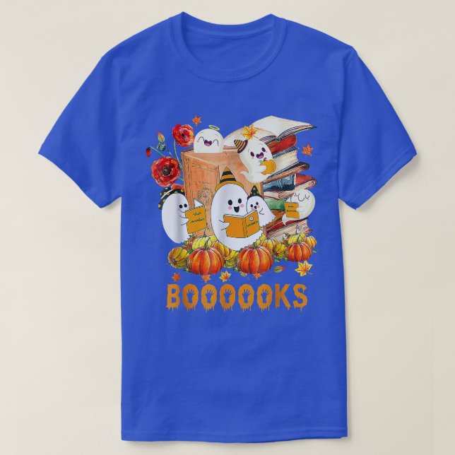 Cute Ghost Book Reading Halloween Teacher Library  T-Shirt (Design Front)