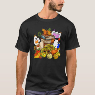 Cute Ghost Book Reading Pumpkins Sunflower Hallow T-Shirt