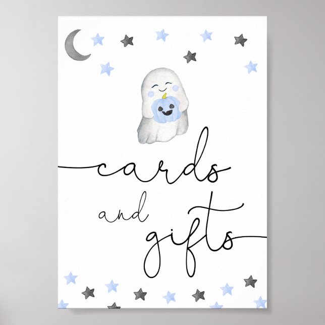 Cute ghost boy baby shower cards and gifts sign (Front)