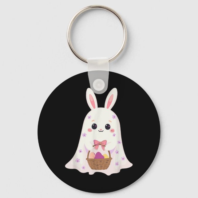 Cute Ghost Bunny Egg Basket Rabbit Easter Day Rabb Key Ring (Front)