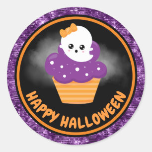 Cute Ghost Cake & Purple Glitter Happy Halloween Classic Round Sticker