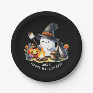 Cute Ghost Camping Happy Halloween Black Paper Plate