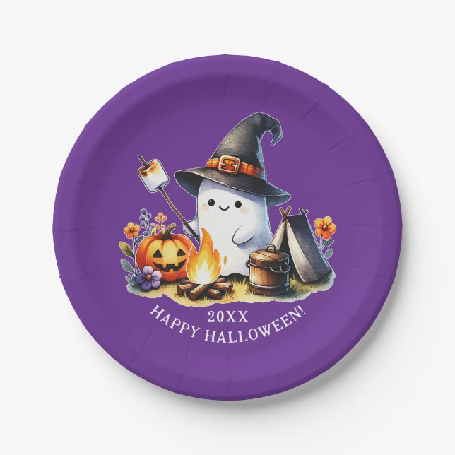 Cute Ghost Camping Happy Halloween Purple Paper Plate (Front)