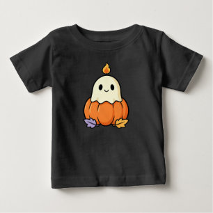 Cute Ghost Candle on Pumpkin   Cosy Kawaii Hallowe Baby T-Shirt