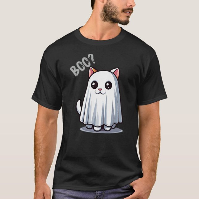Cute Ghost Cat Boo Halloween Kawaii Minimalist T-Shirt (Front)