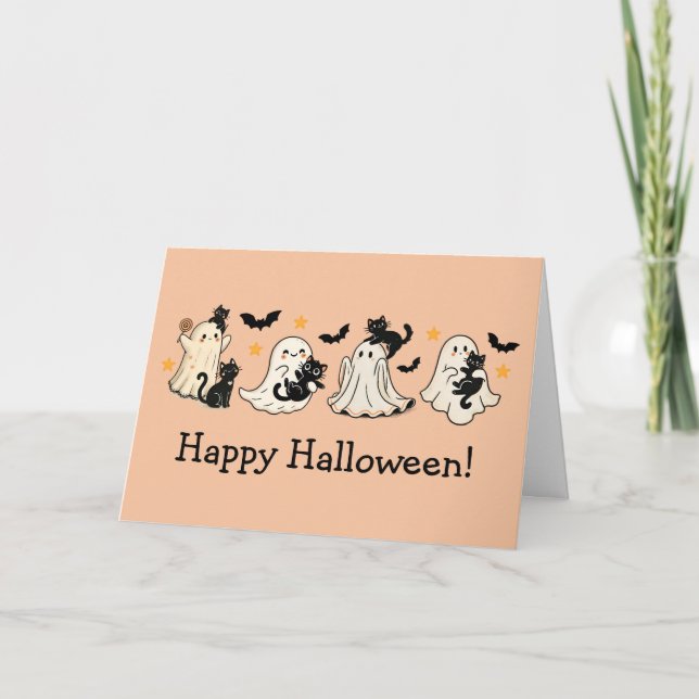 Cute Ghost & Cat Halloween Greeting Card (Front)