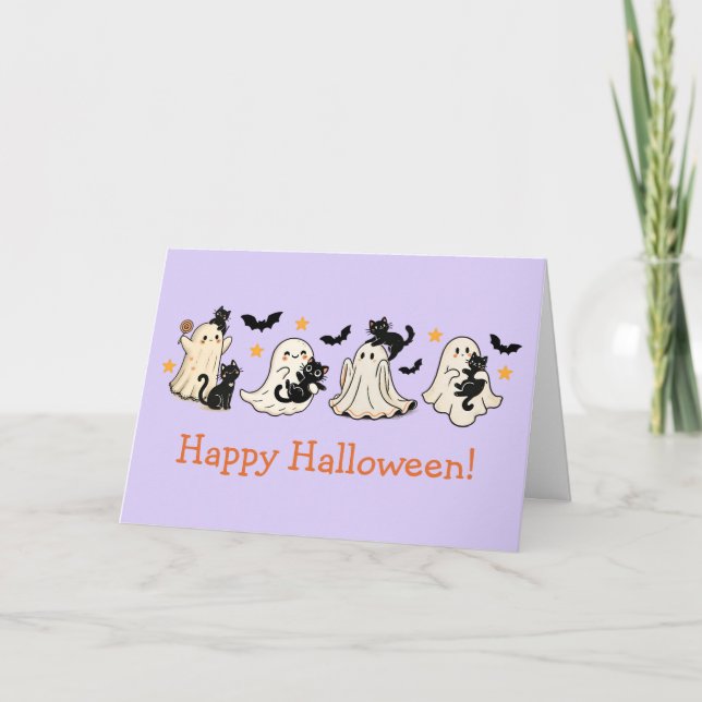 Cute Ghost & Cat Halloween Greeting Card (Front)