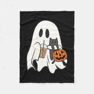 Cute Ghost Cat Iced Coffee Spooky Season Halloween Fleece Blanket
