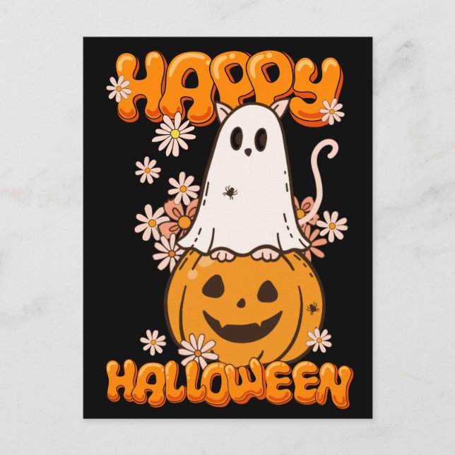 Cute Ghost Cat Pumpkin Flowers Happy Halloween  Holiday Postcard (Front)