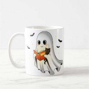 Cute Ghost Cat Reading Book Halloween Mug   Spooky