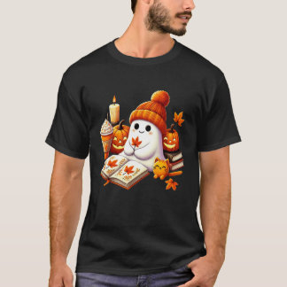 Cute Ghost Cat Reading Book Lovers Halloween Women T-Shirt