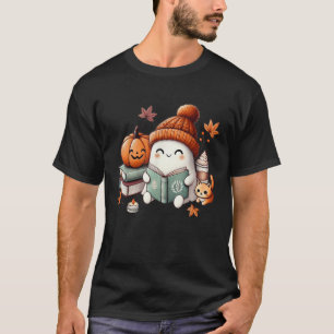 Cute Ghost Cat Reading Book Lovers Halloween Women T-Shirt