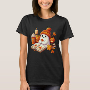 Cute Ghost Cat Reading Book Lovers Halloween Women T-Shirt