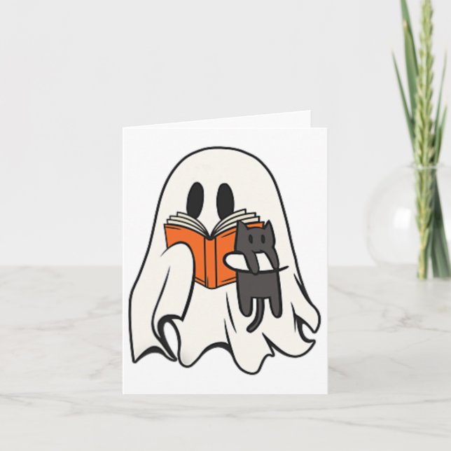Cute Ghost Cat Reading Book Spooky Season Hallowee Card (Front)