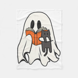 Cute Ghost Cat Reading Book Spooky Season Hallowee Fleece Blanket