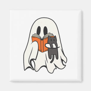 Cute Ghost Cat Reading Book Spooky Season Hallowee Magnet
