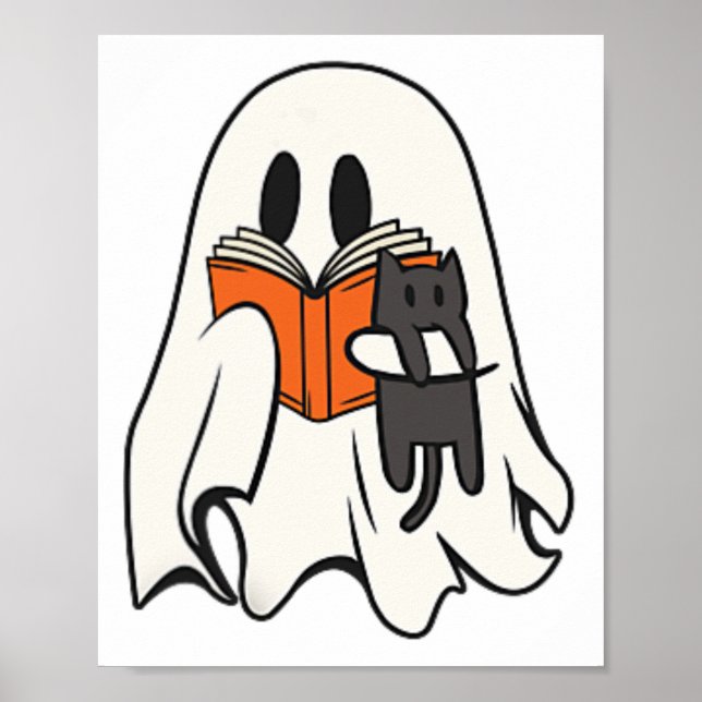 Cute Ghost Cat Reading Book Spooky Season Hallowee Poster (Front)